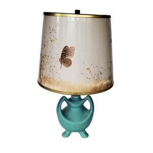 Vintage Van Briggle Blue Lamp with Wildflowers Butterflies Lampshade w/ Stamp